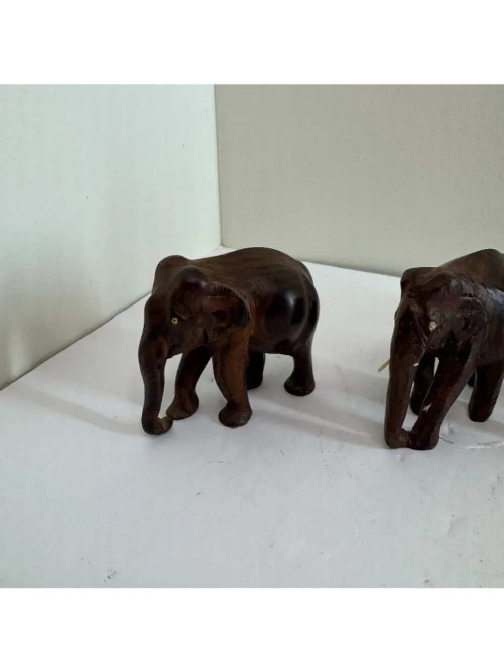 Hand Carved Wooden Elephant Figurines Lot Vtg Carved Wood Animal Decor Set of 3